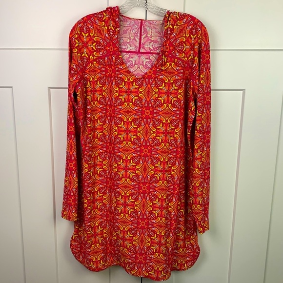 Coolibar MEDIUM Women's Seacoast Swim Cover-Up Dress Pink Paisley Hooded UPF 50+ - Picture 1 of 7